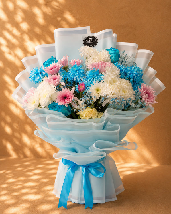 Baby Blue Chrysanthemum blue and white flower bouquet by Petals in Lahore