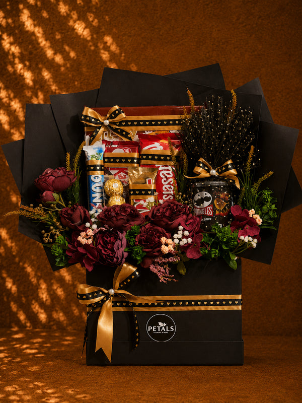 Black Treasure premium chocolate snack and flower gift box by Petals in Lahore