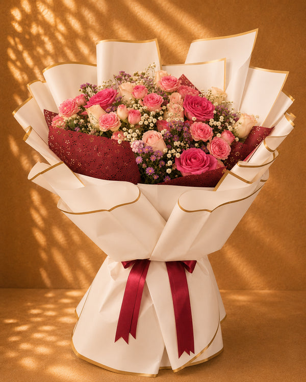 Grand Spray pink and peach rose bouquet by Petals in Lahore