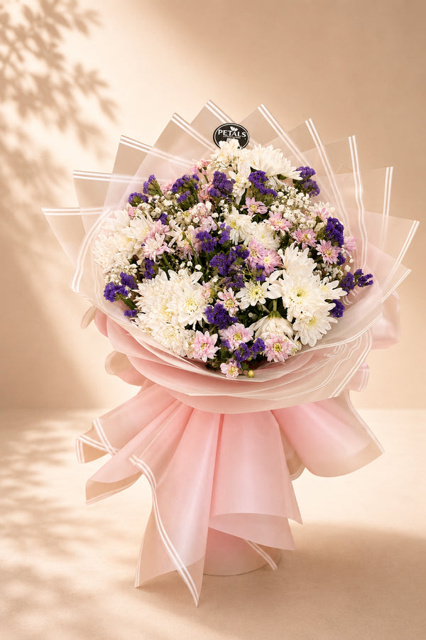 Lavender Love lavender and white mixed flower bouquet by Petals in Lahore