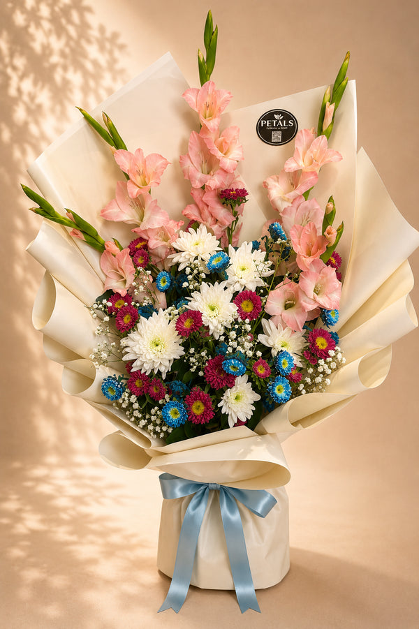 Wonders Love pink gladiolus mixed flower bouquet by Petals in Lahore
